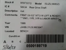 431-58434 Oem Rear Drive Shaft 4wd Fits 89-93 Isuzu Amigo 1709880